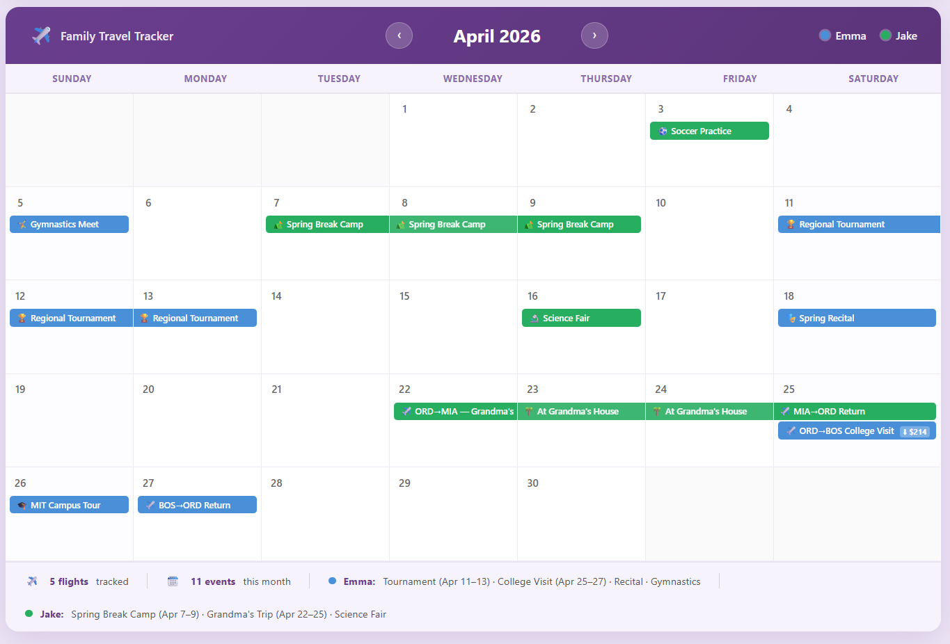 Family Travel Tracker calendar showing color-coded events for multiple children